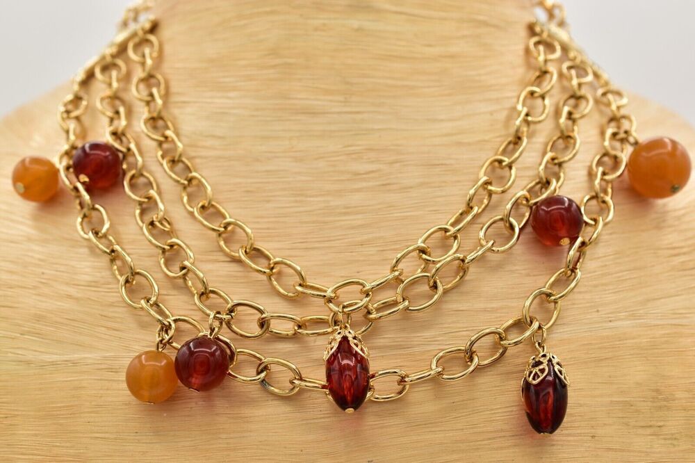 Vintage Multi-Chain Necklace Collar Beaded Lucite Tortoise Yellow Gold BinA17
